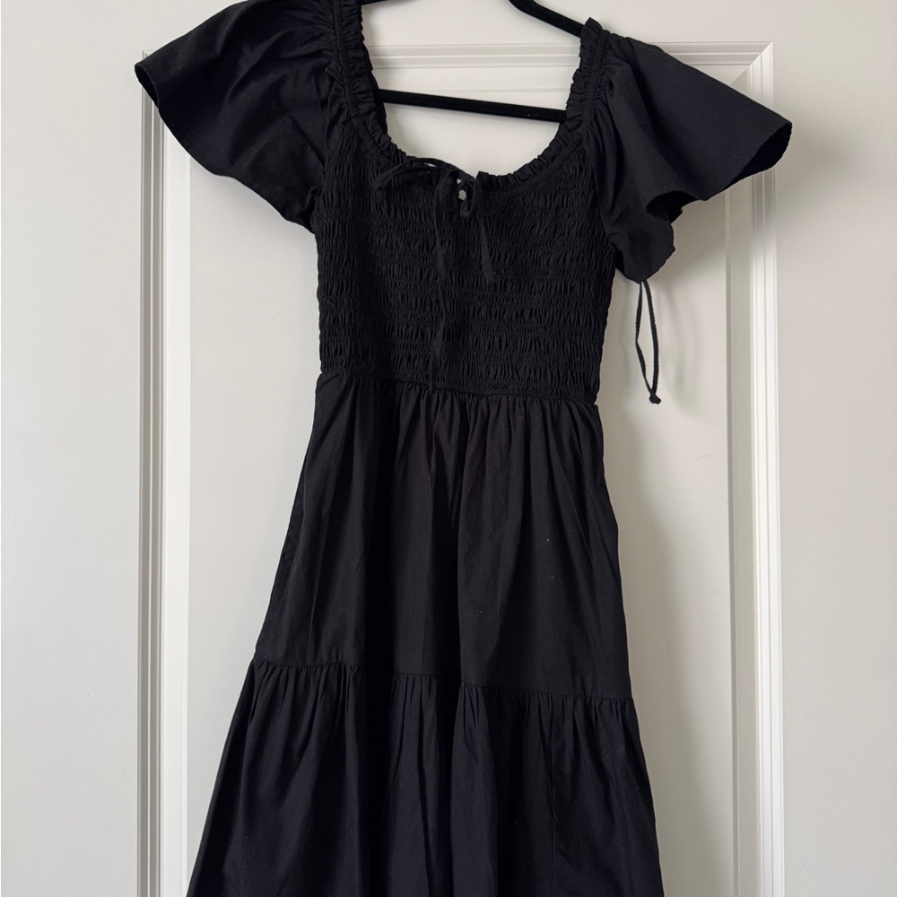 GAP Black Smocked Tiered Mini Dress with Flutter Sleeves